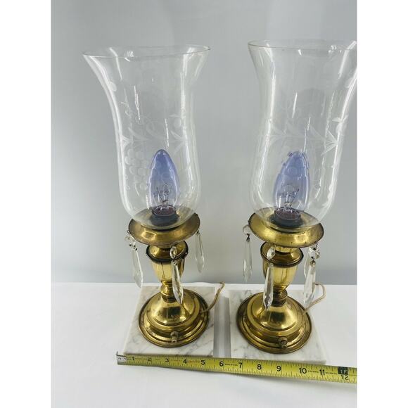2 Hollywood Regency Candle Lamps MCM Hurricane Marble Brass w Glass Prisms 16" - Picture 9 of 12